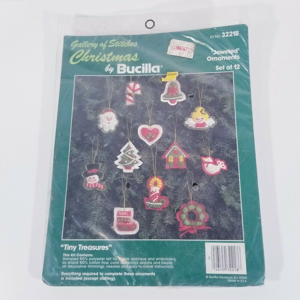 Bucilla Gallery Stitches Christmas Tiny Treasure 12 Bejewel felt Ornaments 32218